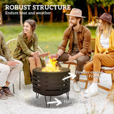 Round Fire Pit with Fire Poker, Portable Wood Burning Firepit with Ash Tray and Hairpin Legs
