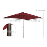 Parasol patio 6,5x10pi rectangle alimenté énergie solaire inclinaison aluminium marché extérieur parasol LEDs manivelle (rouge vin)