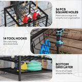 3-Tier Yard Tool Tower Rack, Garden Tool Organizer with 14 Hooks for Long-Handled Rakes