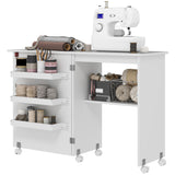 Armoire à machine à coudre, table de couture pliante avec étagère de rangement, bacs et roues verrouillables pour petit espace