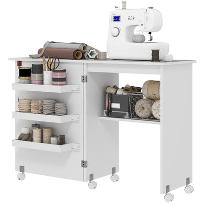 Sewing Machine Cabinet, Folding Sewing Table with Storage Shelf, Bins and Lockable Wheels for Small Space