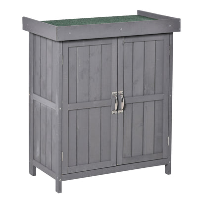 Wooden Garden Tool Storage Shed Kit with Hinged Roof, 2-Tier Shelves and Double Doors
