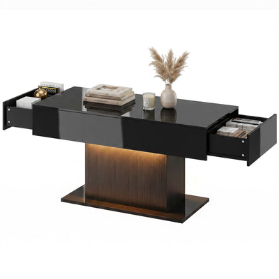 LED Coffee Table with Storage, High Gloss Modern Center Table with 2 Drawers and Remote Control for Living Room
