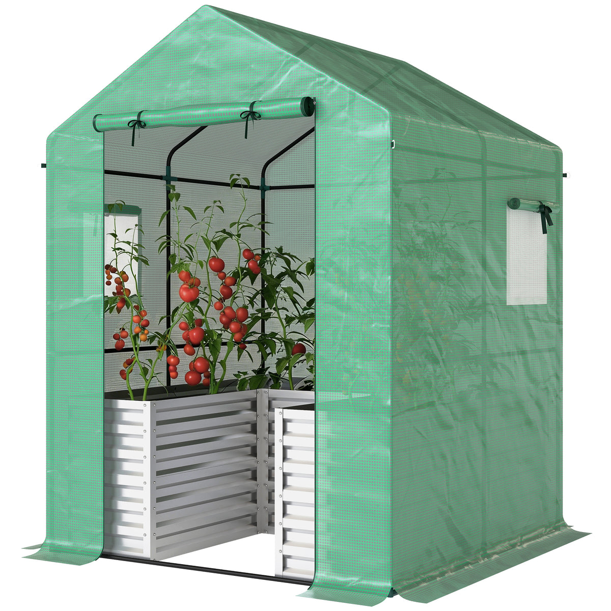 Greenhouse with Raised Garden Bed, Galvanized Metal Planter Box with PE Cover, 56