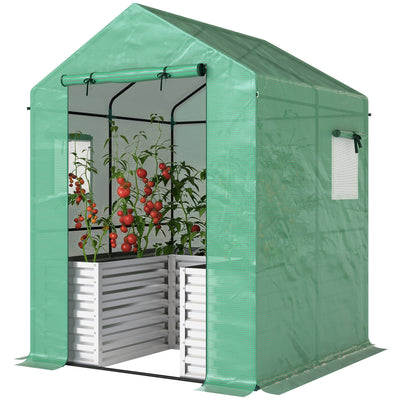 Greenhouse with Raised Garden Bed, Galvanized Metal Planter Box with PE Cover, 56
