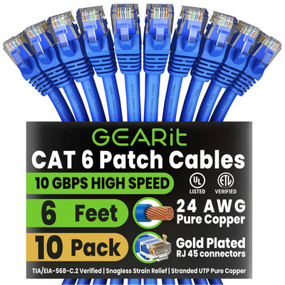 GearIT Cat 6 Ethernet Cable ft (10-Pack) - Cat6 Patch Cable, Network I