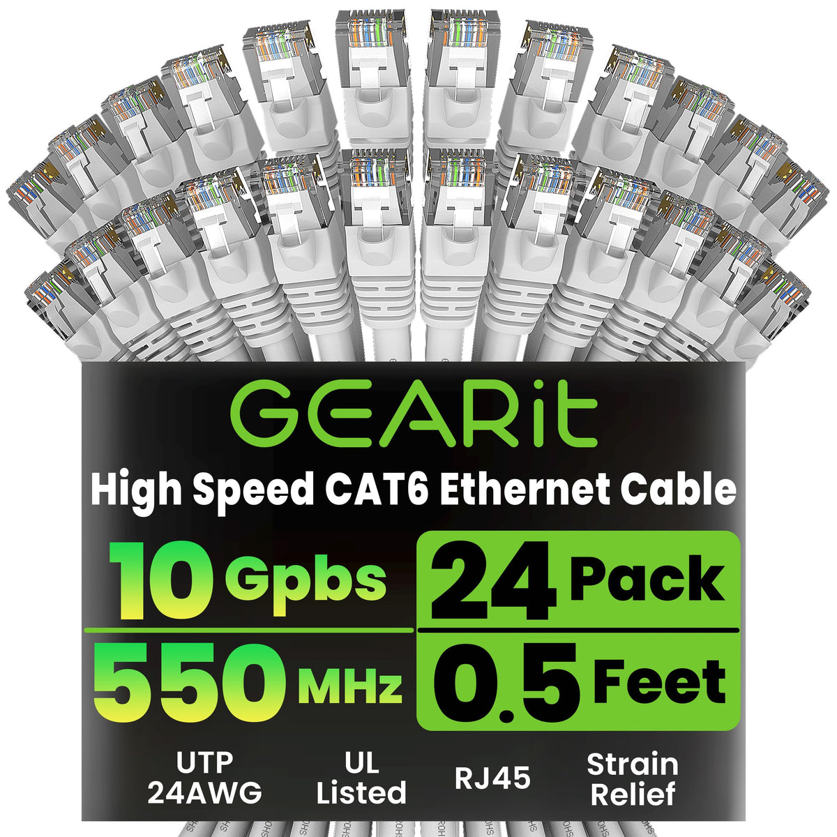 GearIT Cat 6 Ethernet Cable (24-Pack 0.5 Feet) Cat6 Network Patch, 10G