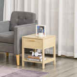Narrow Nightstand with Rattan Elements, Bedside Table with Drawer and Storage Shelf for Bedroom