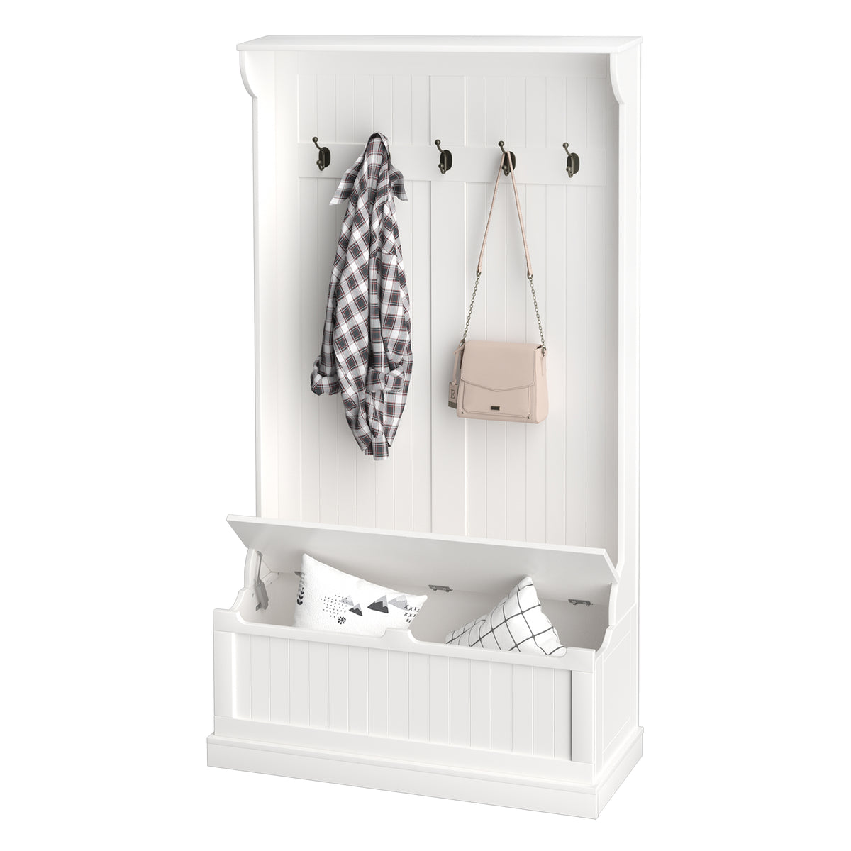 Arbre d'entrée 4-en-1 avec porte-manteau, étagère supérieure, rangement à chaussures et banc, banc d'entrée avec 5 crochets