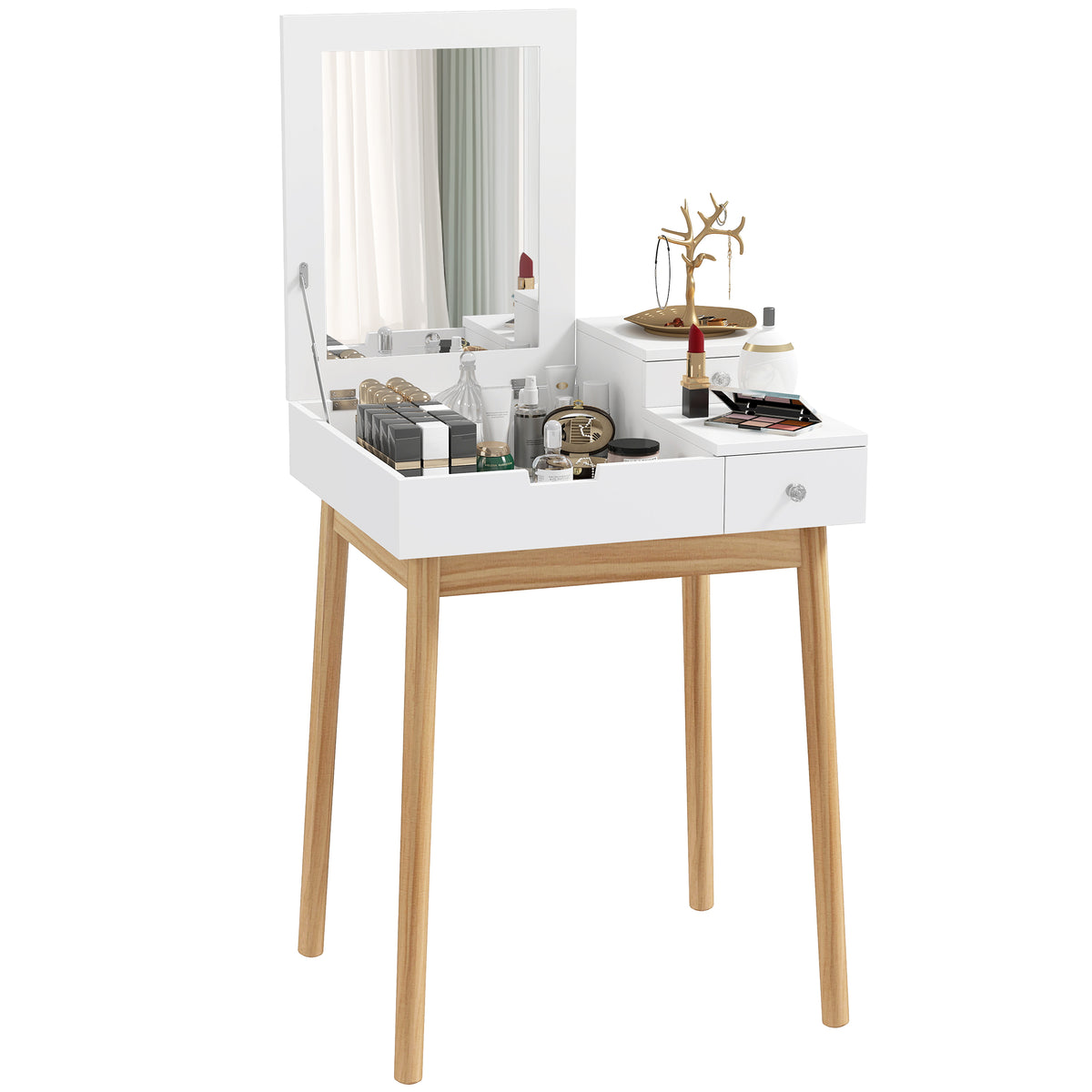 Coiffeuse avec miroir rabattable, commode moderne avec 2 tiroirs pour chambre à coucher