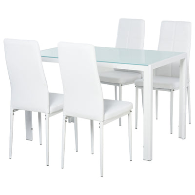 5-Piece Rectangular Glass Kitchen Table and Chairs with Metal Frame and Faux Leather Upholstery for Dining Room