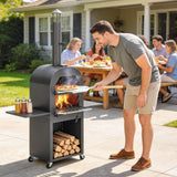 Outdoor Wood Fired Pizza Oven with Side Shelves and Open Cabinet, Pizza Maker on Wheels with Thermometer