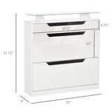 Meuble à chaussures avec finition ultra brillante, 2 tiroirs basculants et étagères réglables, meuble à chaussures étroit avec plateau en verre