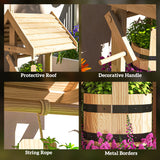 Wood Wishing Well Outdoor Wooden Planter with Hanging Bucket and Drainage Hole for Garden