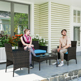 4 Pieces Wicker Outdoor Balcony Furniture Set Rattan Patio Furniture Set with Loveseat Chairs Glass Coffee Table