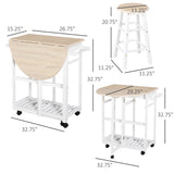 Kitchen Trolley 3 Piece Kitchen Cart Set Drop Leaf Breakfast Table and 2 Stools w/ Rolling Wheels & Towel Bars, Wood &