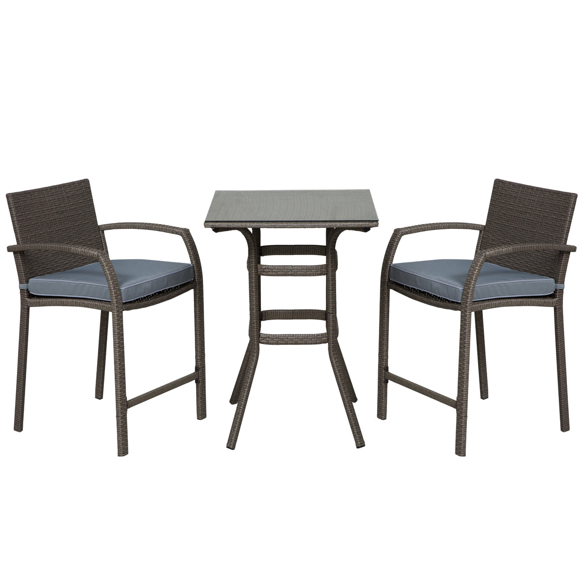 Ensemble de bar de patio 3 pièces, ensemble de bistro de jardin en osier, mobilier extérieur, table en rotin PE et tabourets avec coussin de siège