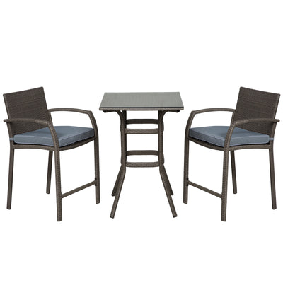 3 Pieces Patio Bar Set Wicker Garden Bistro Set Outdoor Furniture PE Rattan Table and Stools with Seat Cushion