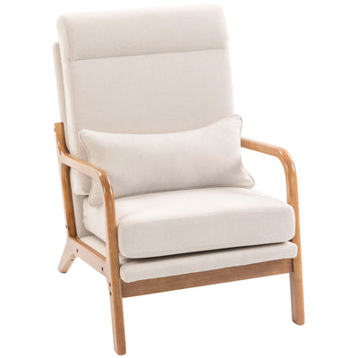 Modern Accent Chair, Linen Armchair with Lumbar Pillow, High Back, Wide Seat, Solid Wood Frame