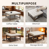 Ottoman Coffee Table, 32 Inch Square Footrest Ottoman with Storage, Linen Upholstered Tufted Footstool
