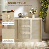 Boho Sideboard Buffet Cabinet, Kitchen Coffee Bar Cabinet with 3 Drawers, 2 Adjustable Shelves and 4 Racks