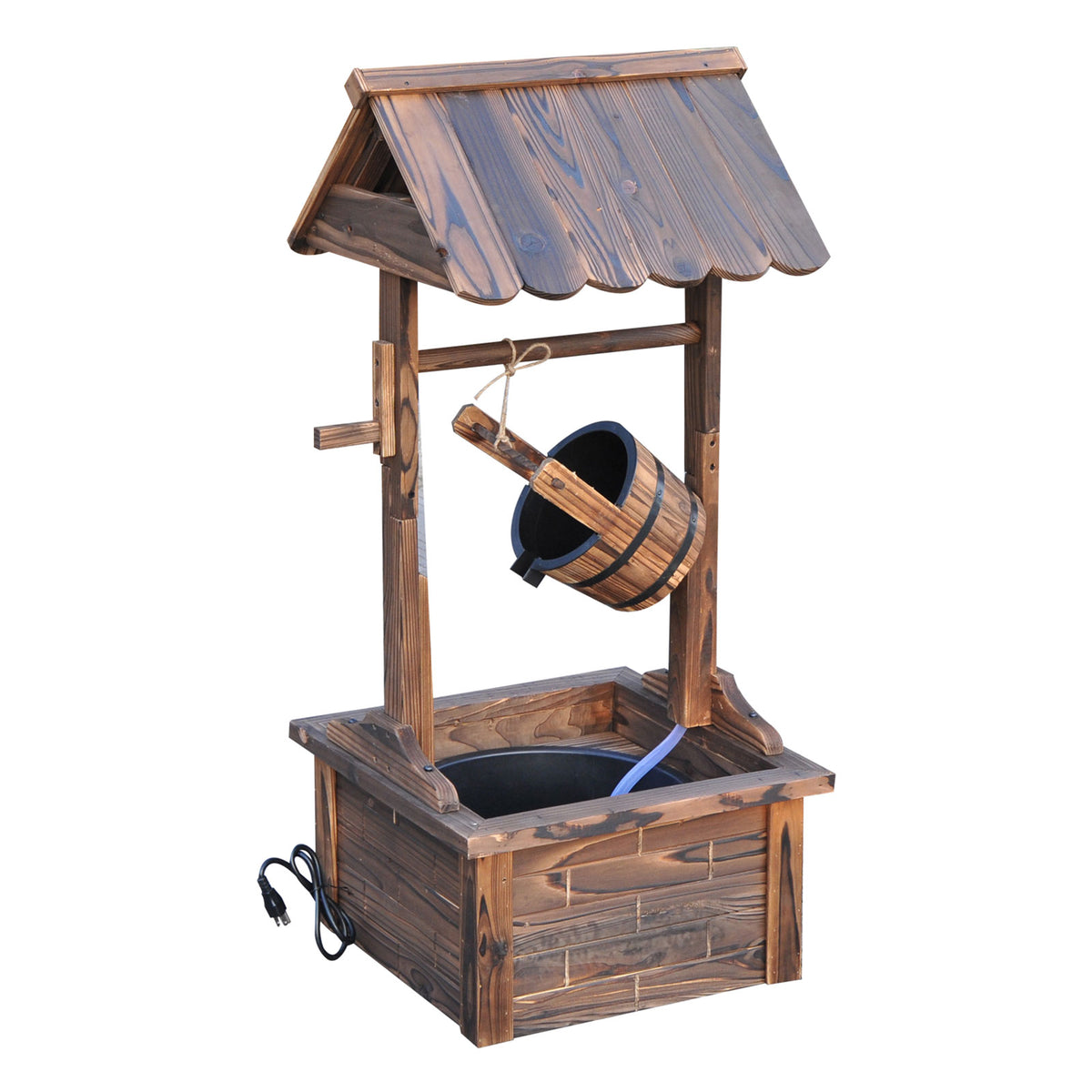 Wooden Well Wishing Fountain Outdoor with Electric Pump Water Bucket for Patio Garden