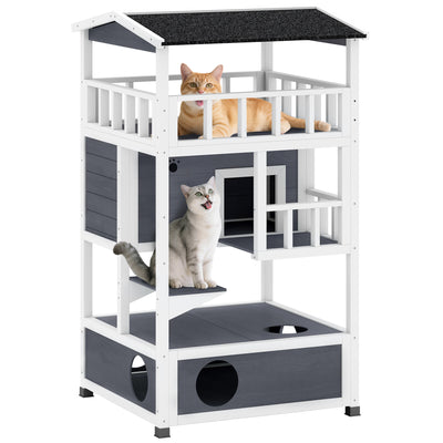 4-Floor Wood Outdoor Cat House Catio for Cats with Condo