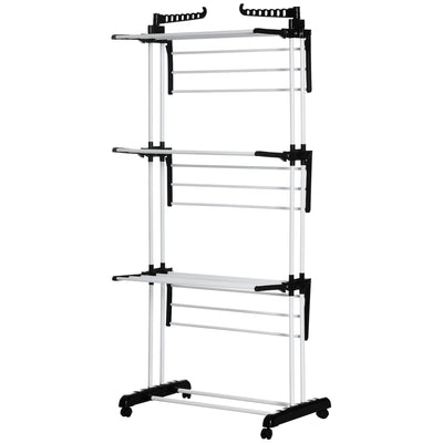 Foldable Clothes Drying Rack, 4-Tier Steel Laundry Rack for Drying Clothes with 2 Side Wings and 4 Castors