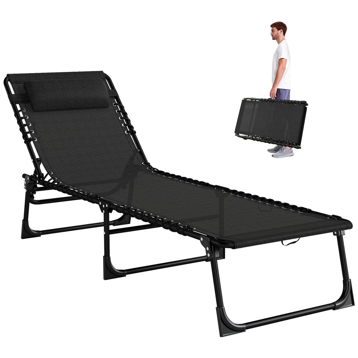Outdoor Folding Lounge Chair, 4-Level Adjustable Chaise Lounge with Headrest, Tanning Chair Beach Bed Reclining Lounger Cot for Camping