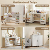 Folding Craft Table, Rolling Sewing Machine Table with Magnetic Doors, Storage Shelf, Lockable Wheels