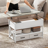 Table Basse Moderne, Table de Centre avec Plateau Relevable, Tiroirs en Tissu et Rangement Caché pour Salon