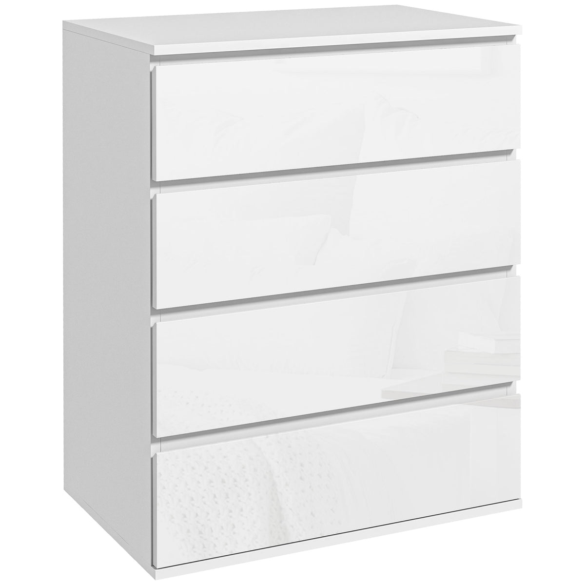 Commode 4 tiroirs, Commode de chambre haute brillance, avec glissières en métal et poignées à rainure
