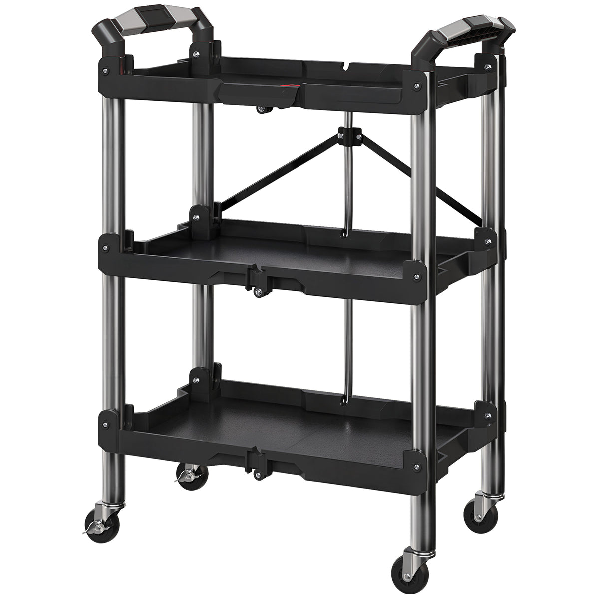 3-Tier Collapsible Tool Cart with Wheels, 150 LBS Capacity Folding Utility Cart with Handles for Garage Workshop