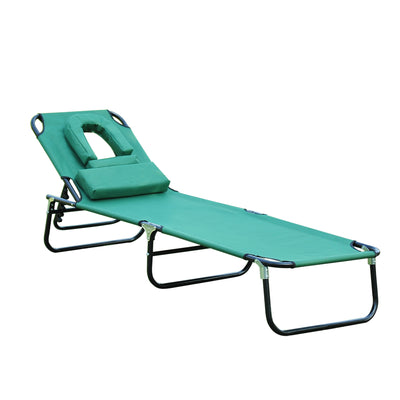 Folding Outdoor Lounge Chair, Portable Reclining Beach Lounger with Face Hole, 3-Position Adjustable Backrest