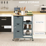 Chariot de cuisine à roulettes, desserte de cuisine mobile avec plateau en bois, 3 tiroirs et étagères pour la salle à manger