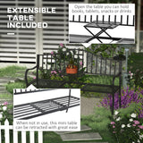 Outdoor Bench with Retractable Middle Table, Metal Frame Patio Loveseat with Slatted Seat and Backrest
