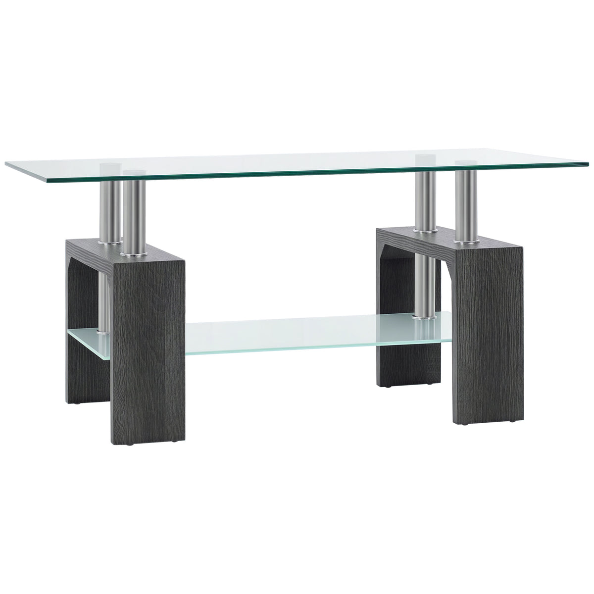 Table basse rectangulaire en verre, table centrale à 2 niveaux avec plateau en verre trempé et étagère de rangement pour salon