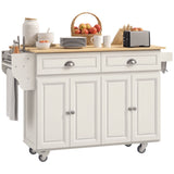Îlot de cuisine avec rangements, îlot de cuisine roulant avec abattant, plateau en bois d'hévéa et étagères réglables