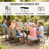 Ensemble de salle à manger patio rotin 11 pièces, mobilier extérieur avec 6 fauteuils et 4 tabourets