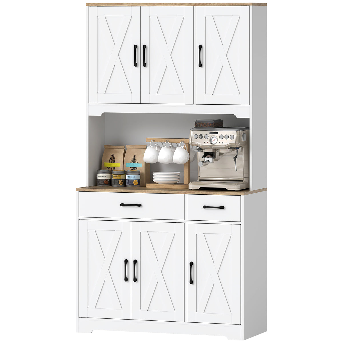 Grand garde-manger de cuisine, 6 portes, 2 tiroirs, étagères réglables et plan de travail, armoire de rangement rustique pour salon
