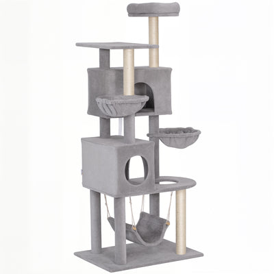 66 Inch Large Cat Tree with 2 Door Condos, 3 Big Hammocks