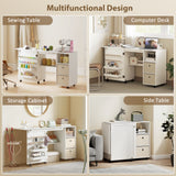 Rolling Sewing Machine Table with Power Outlet, Folding Craft Table with 2 Fabric Drawers, 2 Bins and 18 Pegs
