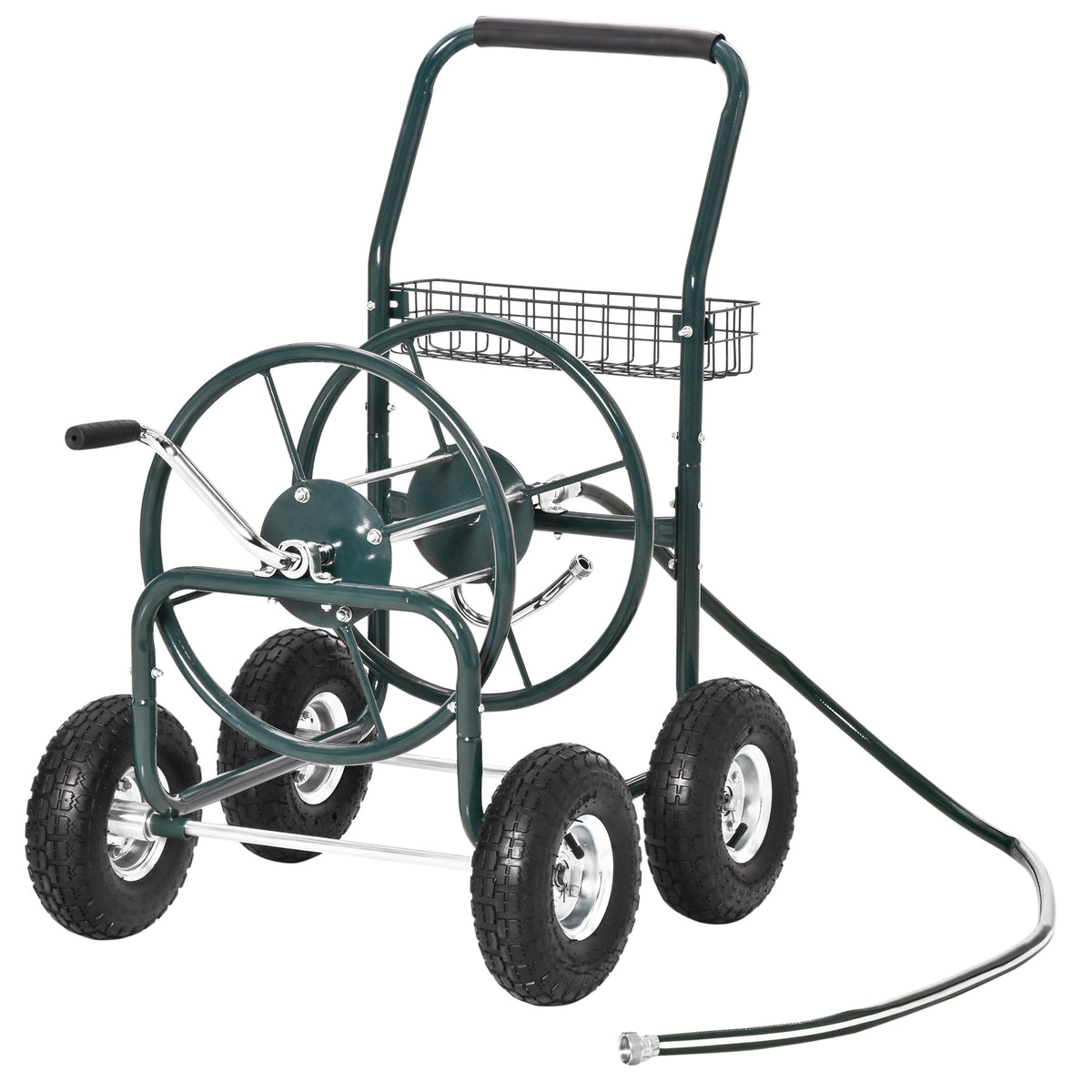 Chariot Enrouleur de Tuyau de Jardin, Organiseur Portatif de Tuyau avec Système Guide Tuyau, 4 Roues et Panier Rangement pour Cour