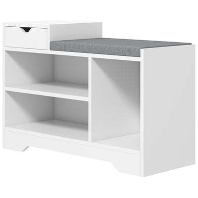 Upholstered Shoe Storage Bench, Hallway Shoe Storage with Seat, Drawer, 3 Open Shelves for Entryway