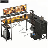 Gaming Desk with Power Outlets LED Lights Computer Desk with Drawers Monitor Stand 61