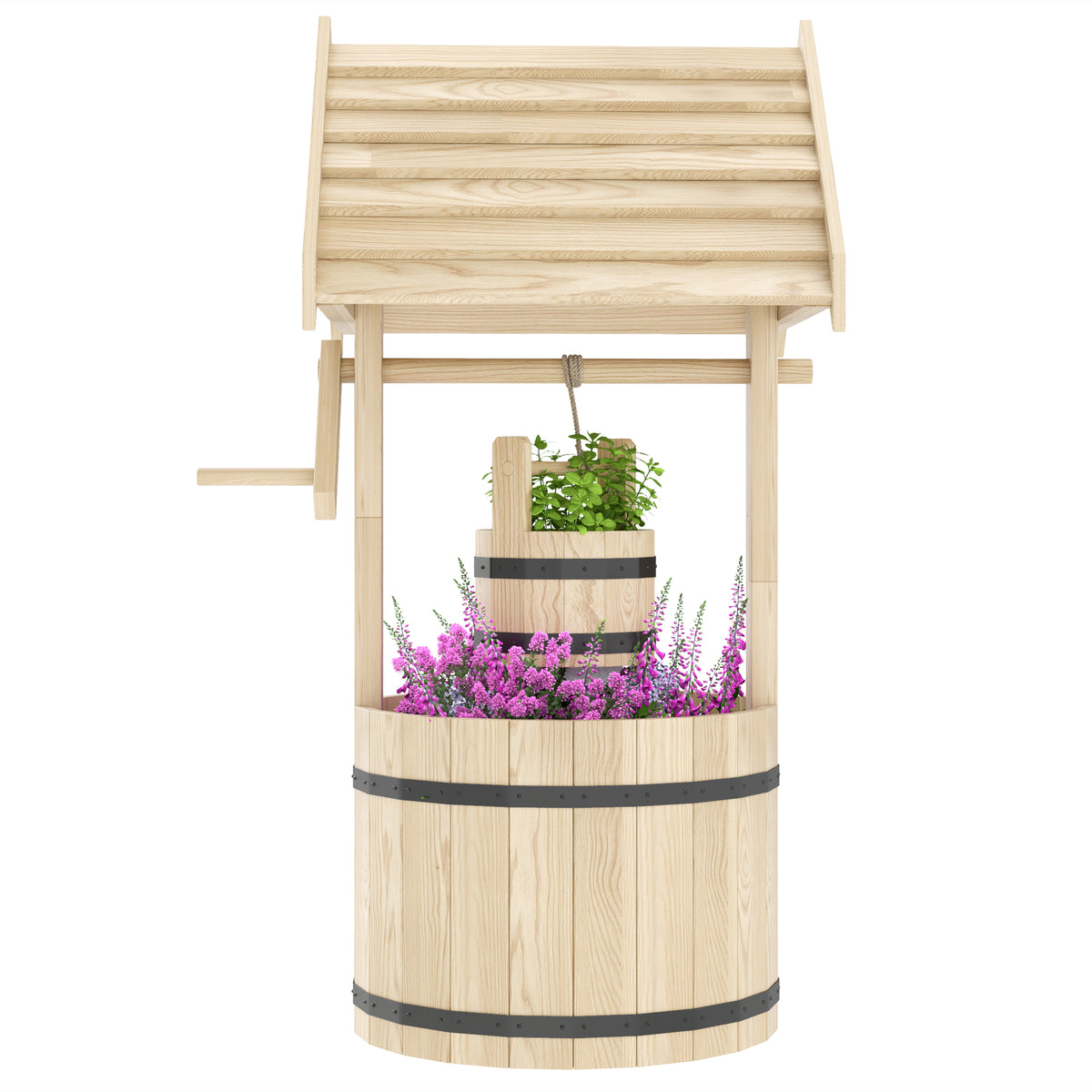 Wood Wishing Well Outdoor Wooden Planter with Hanging Bucket and Drainage Hole for Garden