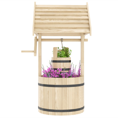 Wood Wishing Well Outdoor Wooden Planter with Hanging Bucket and Drainage Hole for Garden