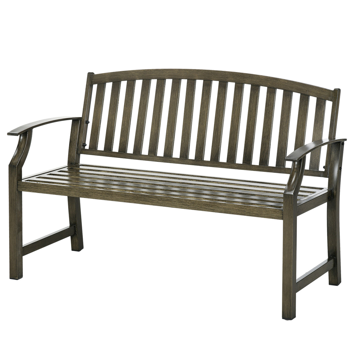 Outdoor Garden Bench, Metal Bench, Wood Look Slatted Frame Furniture for Patio