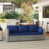 3-Seater Patio Sofa with Cushions, Rattan Conversation Set with Steel Frame & Washable Cushion Covers