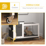 Wooden Rabbit Hutch with Pull-Out Tray, Small Animal Cage on Wheels with Run